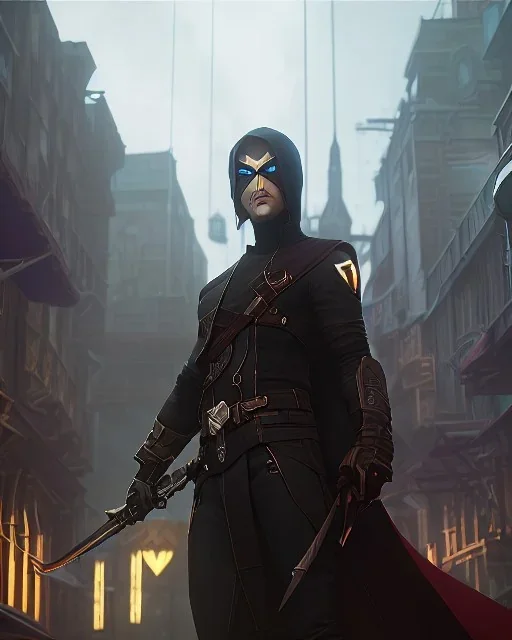 Assassin thief, dungeon, gray hood and mask, hyper-detailed, beautifully color-coded, insane details, intricate details, beautifully color graded, Cinematic, Color Grading, Editorial Photography, Depth of Field, DOF, Tilt Blur, White Balance, 32k, Super-Resolution, Megapixel, ProPhoto RGB, VR, Halfrear Lighting, Backlight, non photorealistic rendering