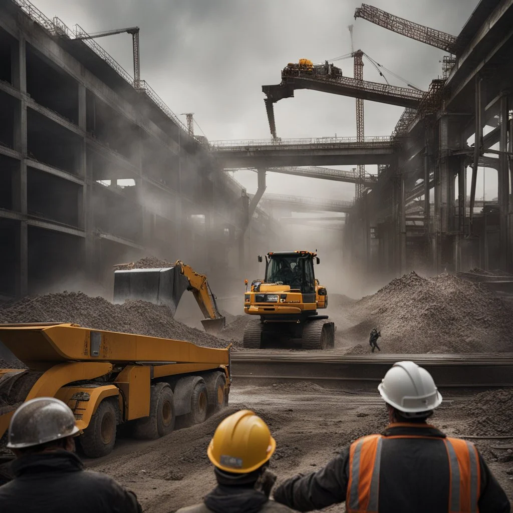 **Cinematic Artwork:** At the construction site, heavy machinery orchestrates a seismic symphony. Concrete mixers hum, steel beams align, and rivets sing as they secure girders. The foreman’s gestures conduct this ballet of resilience. Dust swirls, settling on helmets—a testament to progress. **Appearance:** cinematic portraits that encapsulates the essence of disaster management, safety, and resilience, each evoking mesmeric and captivating imagery. These scenes will resonate with the viewer, e