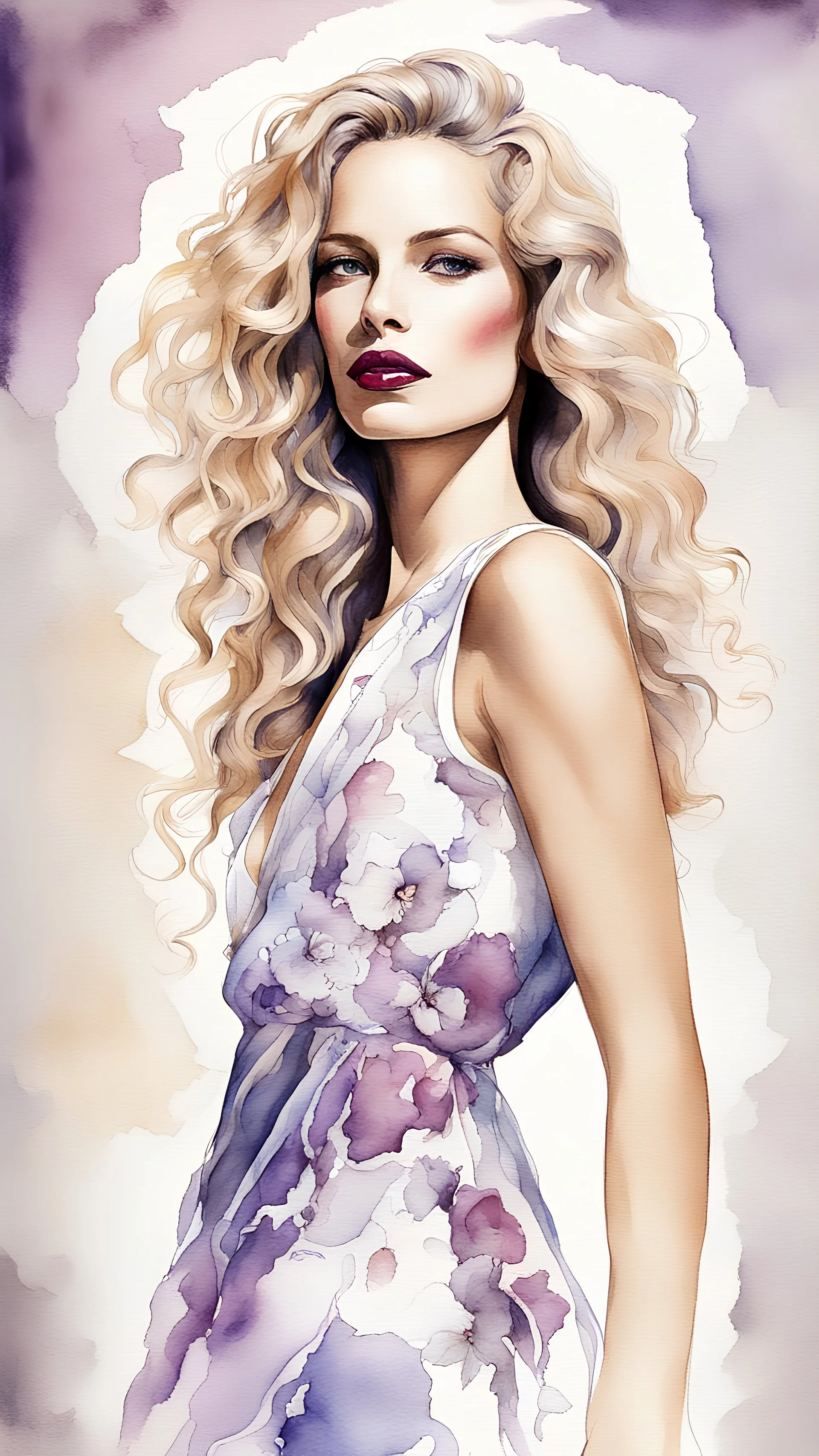 In this striking artwork, a gorgeous supermodel takes the center stage. Her long, curly hair cascades with vibrant colors, forming a mesmerizing contrast against her stunning purple lips. Dressed in a white floral sleeveless Maxi dress, she exudes an elegant and feminine aura. This captivating image, a watercolor and pencil drawing, showcases exceptional attention to detail and impeccable artistry. The intricate brushstrokes and precise lines capture the model's grace and beauty flawlessly, maki