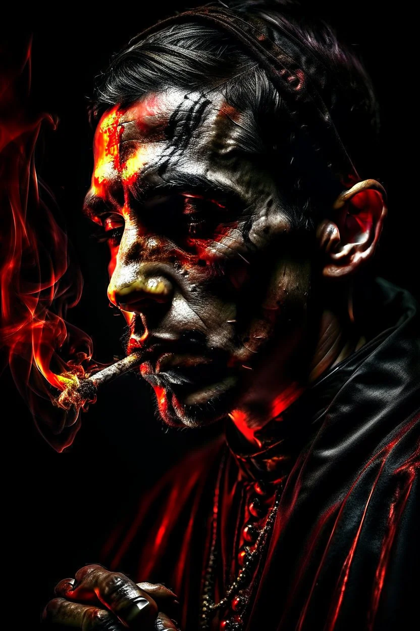 super close up view of an attractive but rugget looking gothic priest,he holds a burning sigarette while deep in thought , dark and somber vignette effect of lighting, style is dark and intense, with a blend of realism and abstraction. It uses a dramatic red and black color palette, textured brush strokes, and high contrast lighting to create a mysterious, haunting, and almost surreal atmosphere, highly detailed and realistic