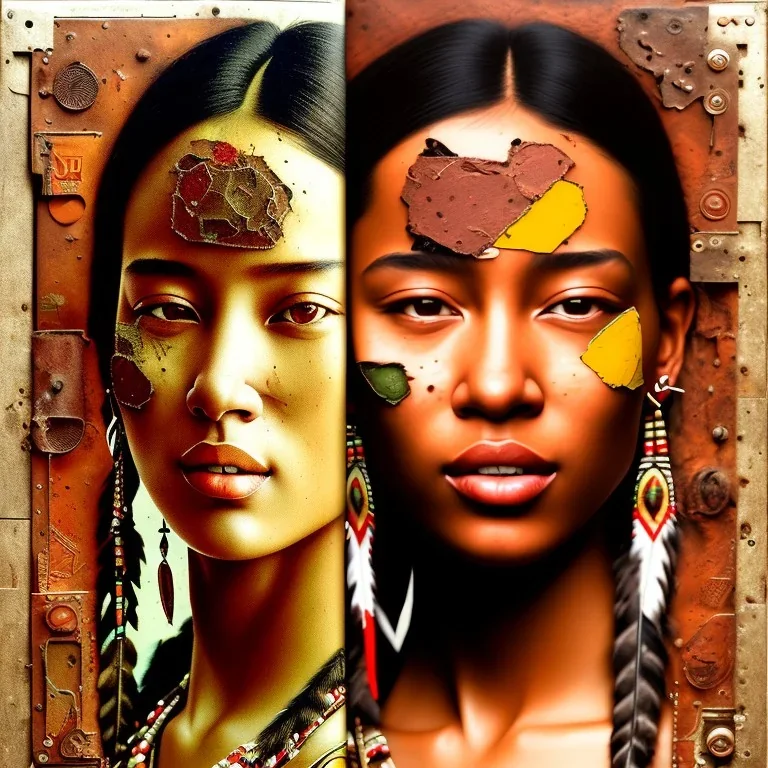 native American portrait, rust, scaffolding, iron cladding, decay, mixed media, dark textured, anatomically correct, beautiful perfect face, sharp focus, highly detailed