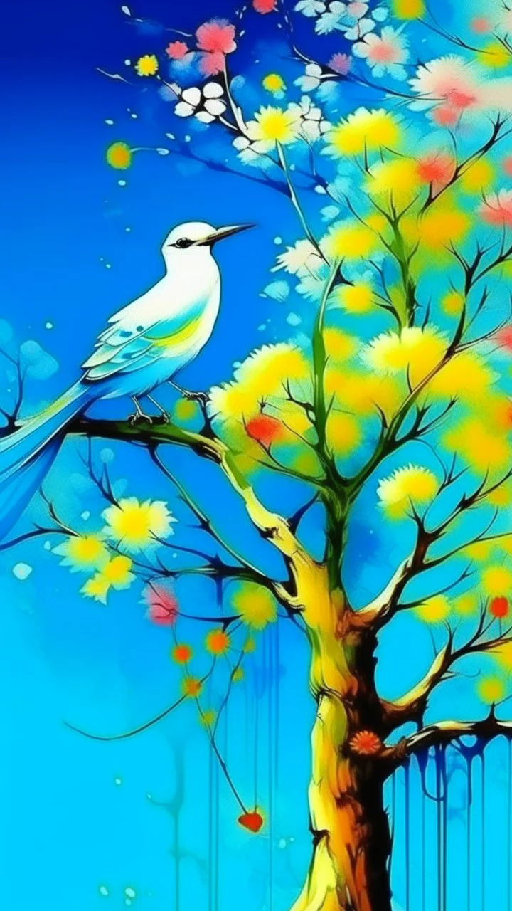 a smear . Field of wild a colorful flowers watercolor drawing on a blue splash colors background with a beautiful white bird on a tree branch