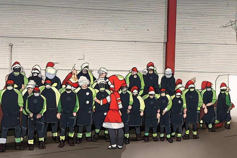 Santa Claus is visiting a factory and give all the workers presents, cartoon style Simon Stålenhag