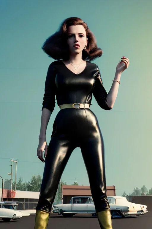 retro portrait image from 1960, supermarket parking explosion, long hair, young Scarlett Johansson, classic black tight lycra suit, gold bracelet and belt, high heel boots, soft color, highly detailed, unreal engine 5, ray tracing, RTX, lumen lighting, ultra detail, volumetric lighting, 3d, finely drawn, high definition, high resolution.