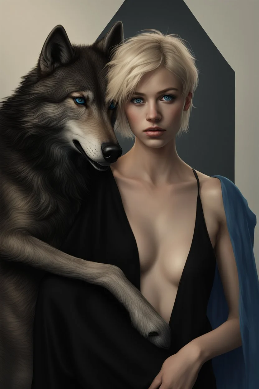 ultra realistic photograph of a very thin young woman with short blonde hair and blue eyes wearing a loose black teeshirt standing next to a black wolf