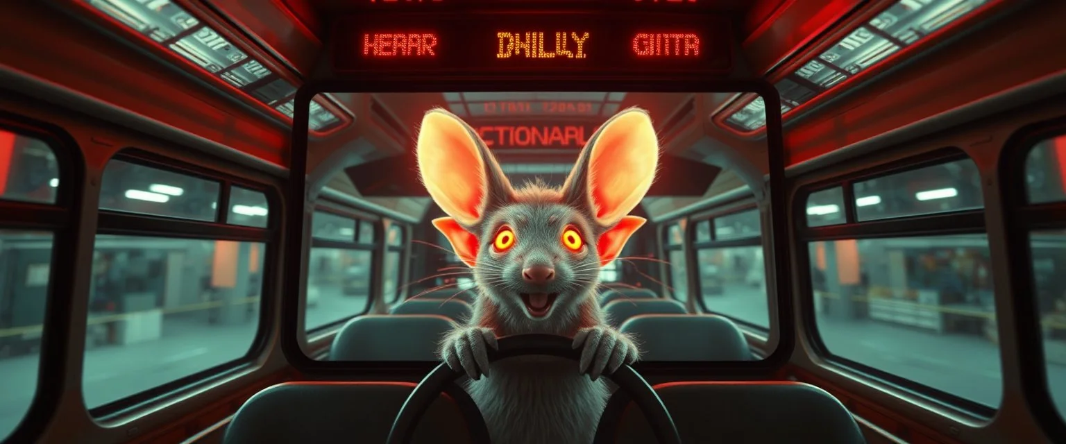 bus driving happy 2d neon fluffy rat elf scumbag in the style of Escher and Giger and Fallout 4, pinhole cam, airbrush 3d rendering, on tv screen:A five-second cinematic single take in a clean industrial presentation hall.