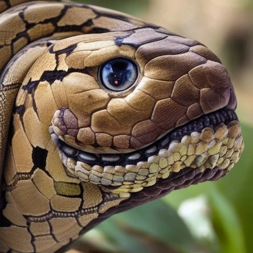 A snake with a large trunk and body, the head of a snake in the shape of a male lion