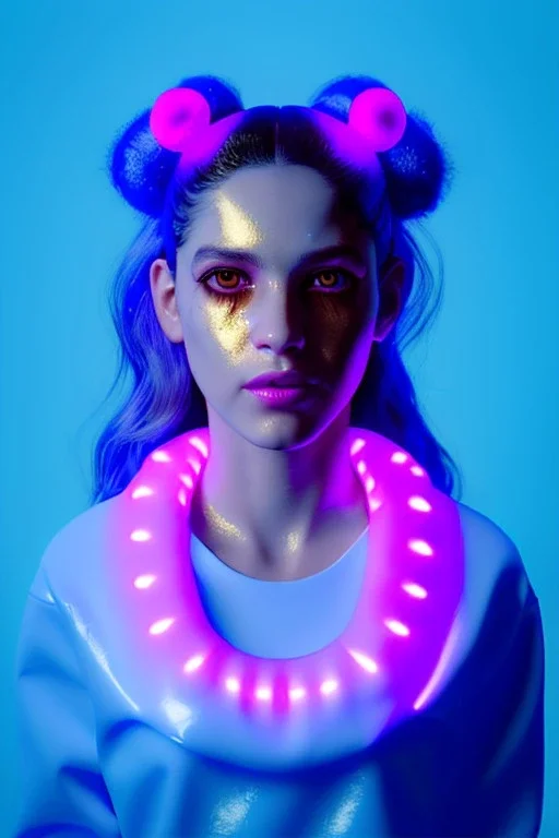 Rosalía, artist, 30 years old, Realistic, waist up portrait. Eyes, make up, glow, circle iris, eye liner. Hair, pigtails. make up, glow. lips, gold. big rings piercing, led ornament, pearls. Hand, baseball bat, Coat, smile pin, inflatable latex, cold, led lights, minimal, neon, pink, blue, gold, vibrant color, highly detailed, art stations, concept art, smooth, unreal engine 5, god lights, ray tracing, RTX, lumen lighting, ultra detail, volumetric lighting, 3d, finely drawn, high definition, 4k