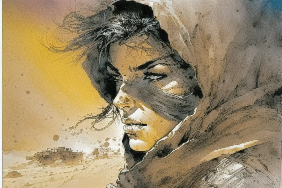 create an ink wash and watercolor, fine art print portrait illustration of a rugged gritty, roughly textured, hooded, black clad and dusty Fremen female mercenary with highly detailed feminine facial features, amidst the billowing desert storms of Arrakis, in the comic book art style of Bill Sienkiewicz, and Jean Giraud Moebius, finely textured, drawn, colored, and inked,