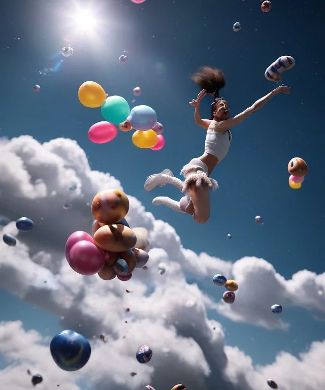 Ultra realistic speed clouds sky scene, wide angle view, strong men falling down with many Childs background, circus clothing style, feather color clothing, free jumping flying, many trinkets, hair monster, many jelly beans, balls, color smoke, smile, happy, extreme, wind, clouds sea, 20,000 feet altitude, stratosphere, soft color, highly detailed, unreal engine 5, ray tracing, RTX, lumen lighting, ultra detail, volumetric lighting, 3d, finely drawn, high definition, high resolution.