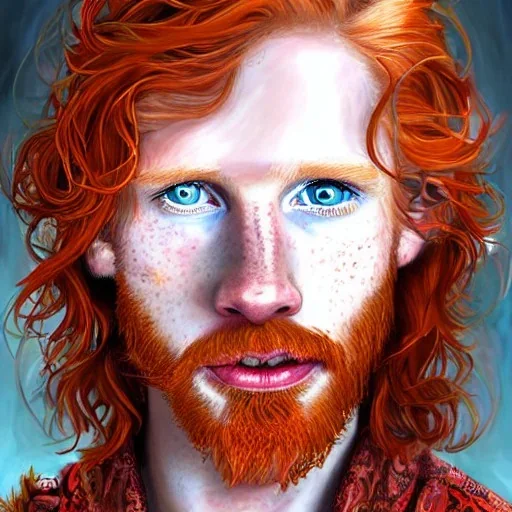 Portrait of young Courtney Gains as a ruggedly handsome, joyful, roguish pirate, charismatic, attractive male, masculine, perfect, precisely detailed clear eyes, unblemished, flawless skin, softly freckled face; meticulously detailed multi-hued ginger carrot-colored cherry fire red hair; fantasy, intricate, elegant, highly detailed, digital painting, concept art, matte, sharp focus, illustration, art by artgerm and greg rutkowski and alphonse mucha