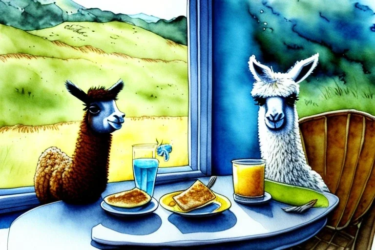 Cute llama is having breakfast. Aquarell