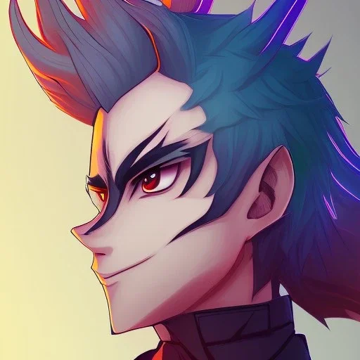 anime discord profile picture of man with short black hair with red streaks, with purple dragon horns on top of his head, looking mischievous