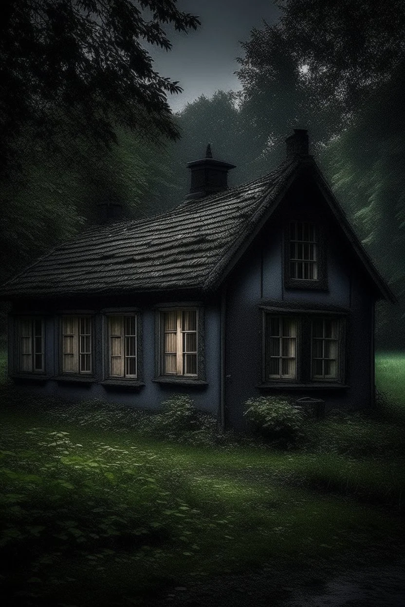 An old abandoned small cottage with windows and dim light in side the house , in a dark and tranquil bosque with much flora and rain