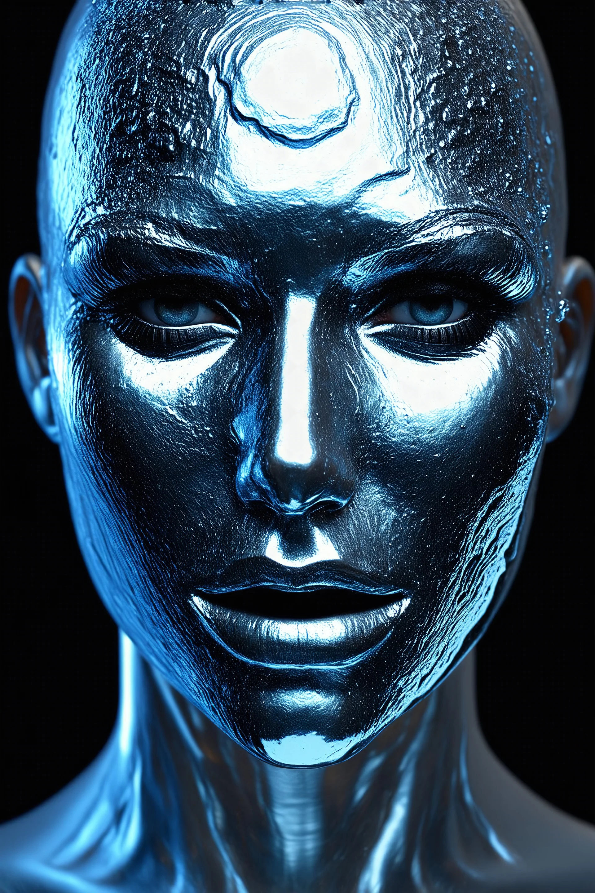 silver face, texture metallic, 3d render, fluid, liquid skin, realistic, silver, i-tech