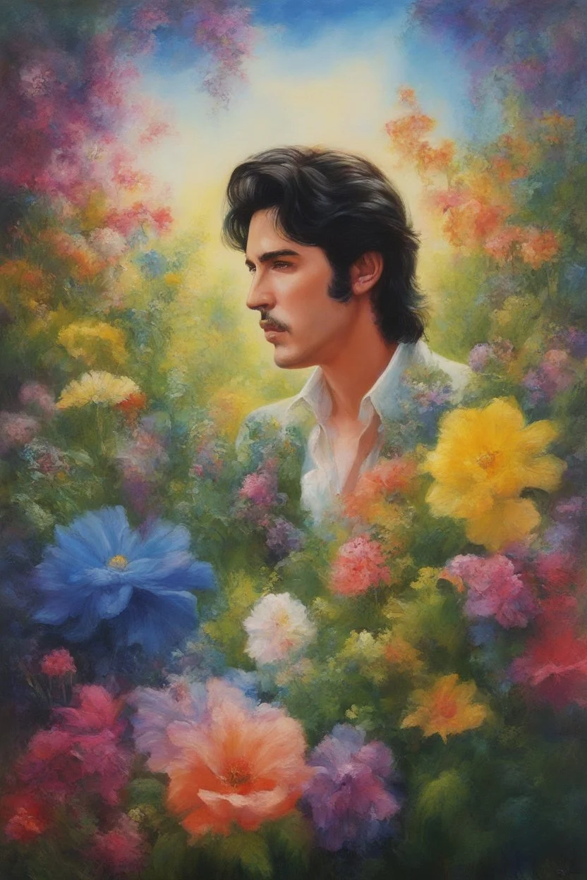 Mary, Mary, quite contrary, how does your garden grow? Paul Stanley/Elvis Presley/Keanu Reeves/Jon Bernthal, multicolored, large, Floral/rainbow designs, atmospheric, beautiful, oil painting by Boris Vallejo, 4k UHD, Photorealistic, professional quality