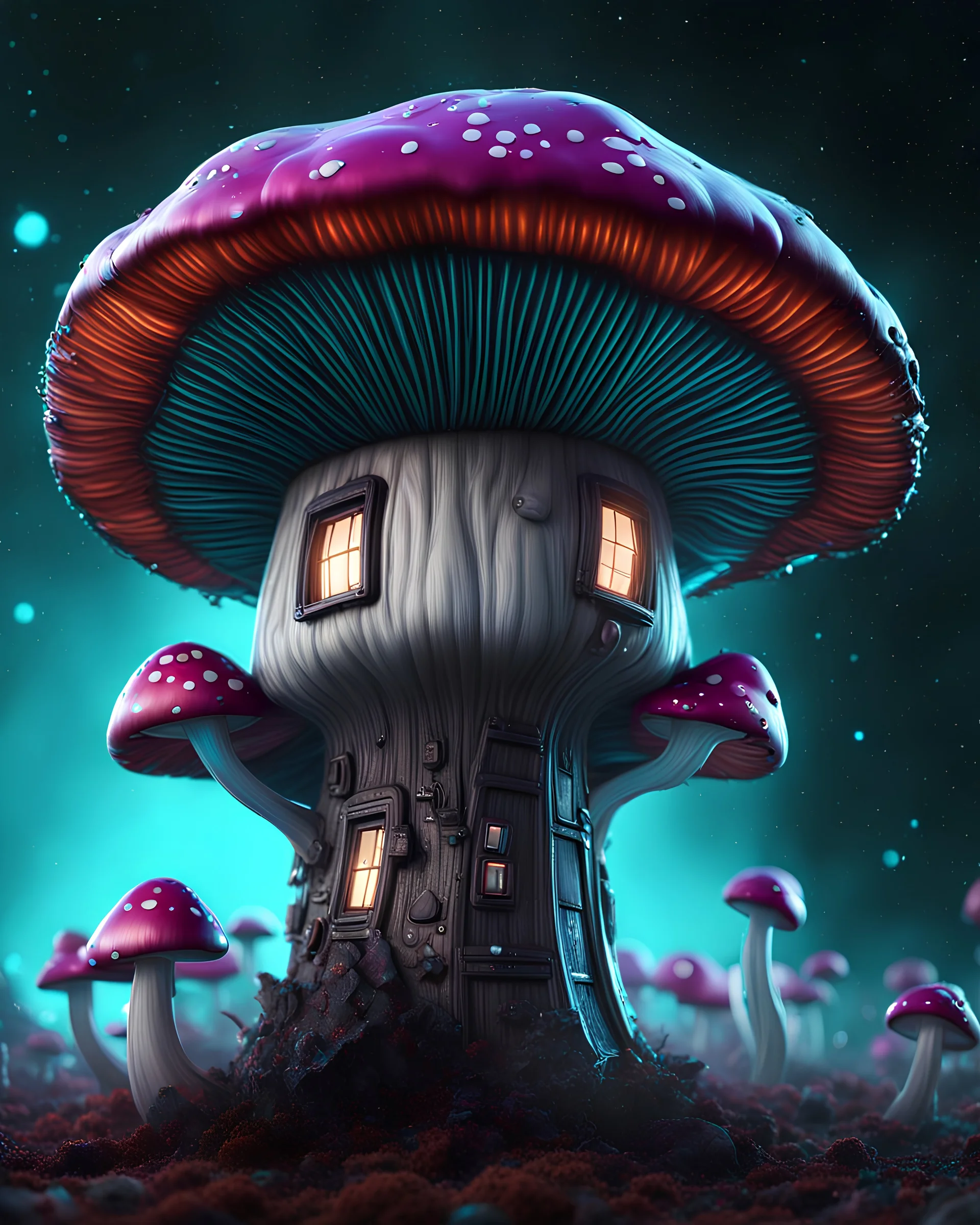 A singular weird floating mushroom house in space. platinum, white, teal and tetradic colors , Dark cosmic galactic interstellar. Detailed Matte Painting, deep color, fantastical, intricate detail, splash screen, hyperdetailed, insane depth, concept art, 8k resolution, trending on Artstation, Unreal Engine 5, color depth, backlit, splash art, dramatic, High Quality Whimsical Fun Imaginative unusual, good composition