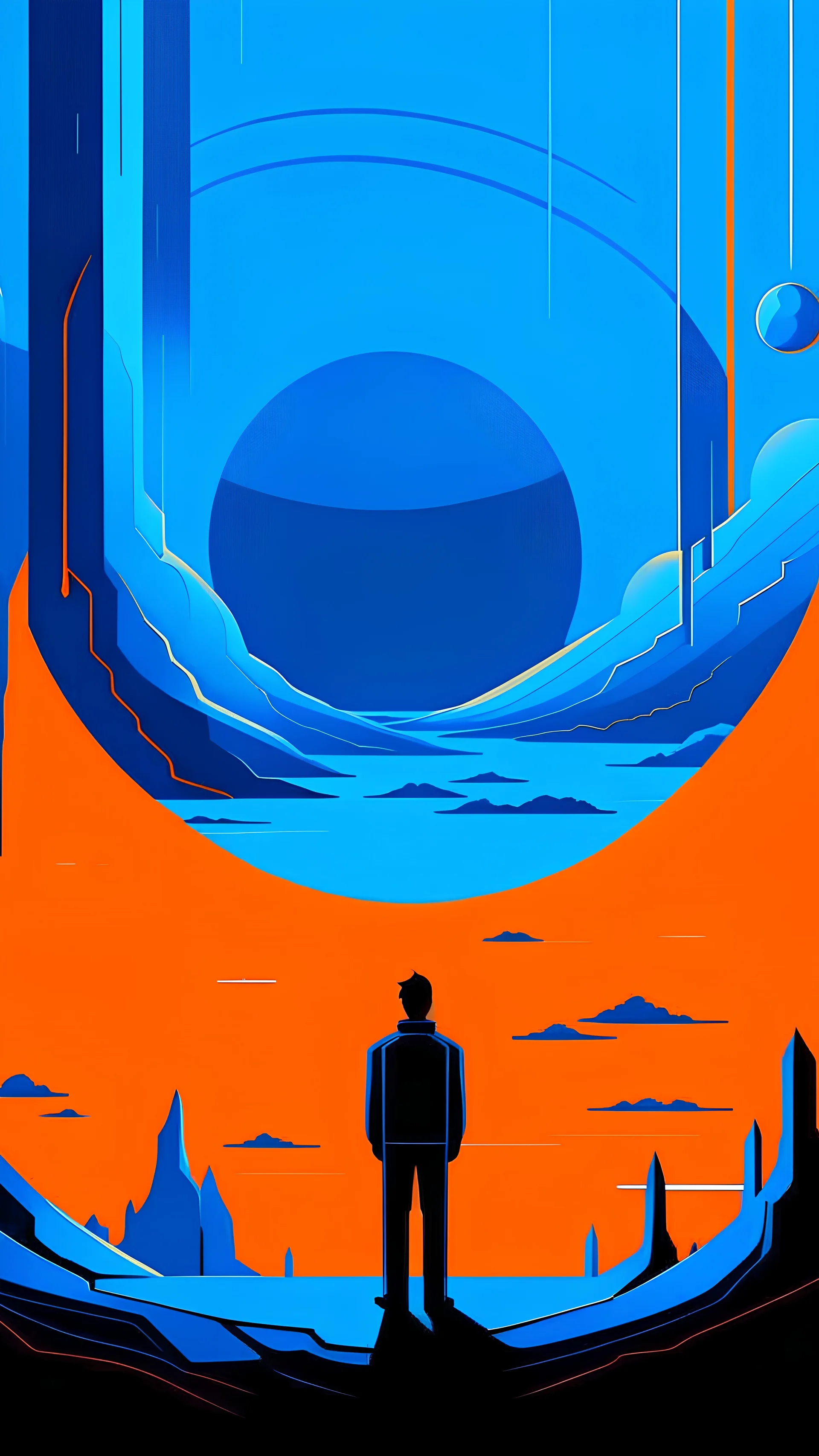 Futuristic and minimalist illustration by Miyazaki of a man surround by a digital landscape. Colors are blue and orange.