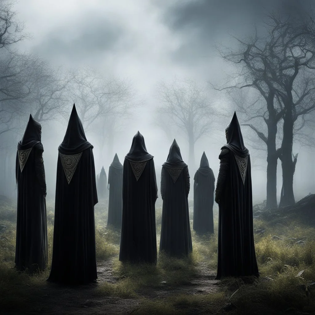 A silent gathering breathes beneath hidden skies, where masked figures rise like living runes— tall, pointed visages stretched beyond the human, each face an unknown archetype, each body a question carved in ceremony. They stand together, yet alone in their own enigma, balanced on the thin veil between name and namelessness.
