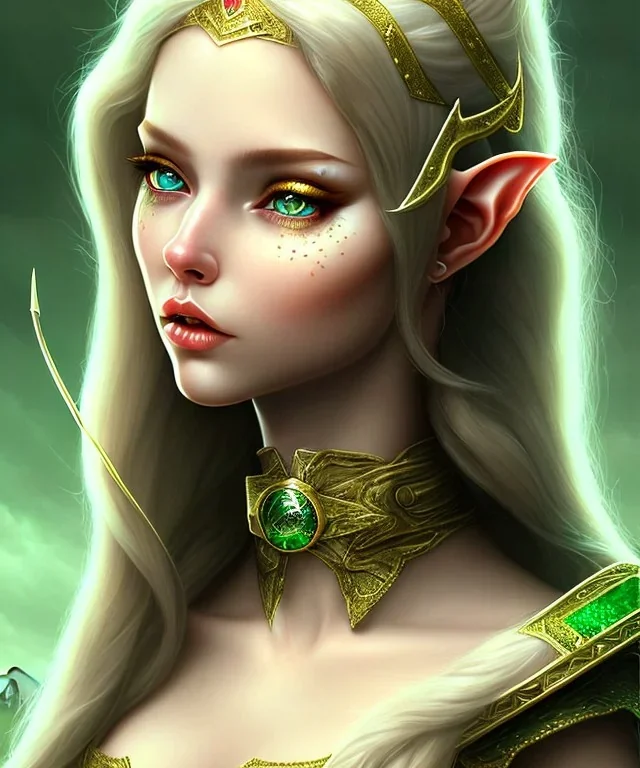 Archer elf female, 90-60-90 high detail, High definition, long gold hair, green eyes, crow from white gold, emerald choker,full body portrait,<https://s.mj.run/l99gmc3fG8c>