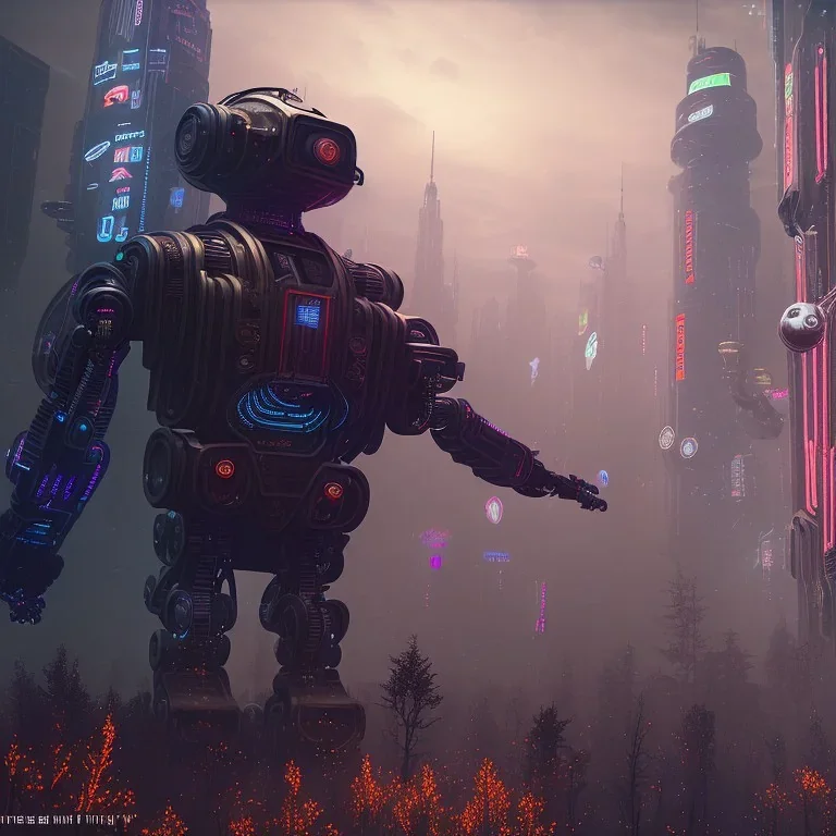 Cyberpunk warfare robot,mdjrny-v4 style, epic background, landscape, 8k, HD, cinematography, photorealistic, epic composition Unreal Engine, Cinematic, Color Grading, portrait Photography, Ultra-Wide Angle, Depth of Field, hyper detaile, insane detail, intricate detail, beautifully colored, Unreal Engine, Cinematic, Color Grading, Editorial Photography, Photography, Photoshoot, Depth of Field, DOF, Tilt Blur, White Balance, 32k, Super-Resolution