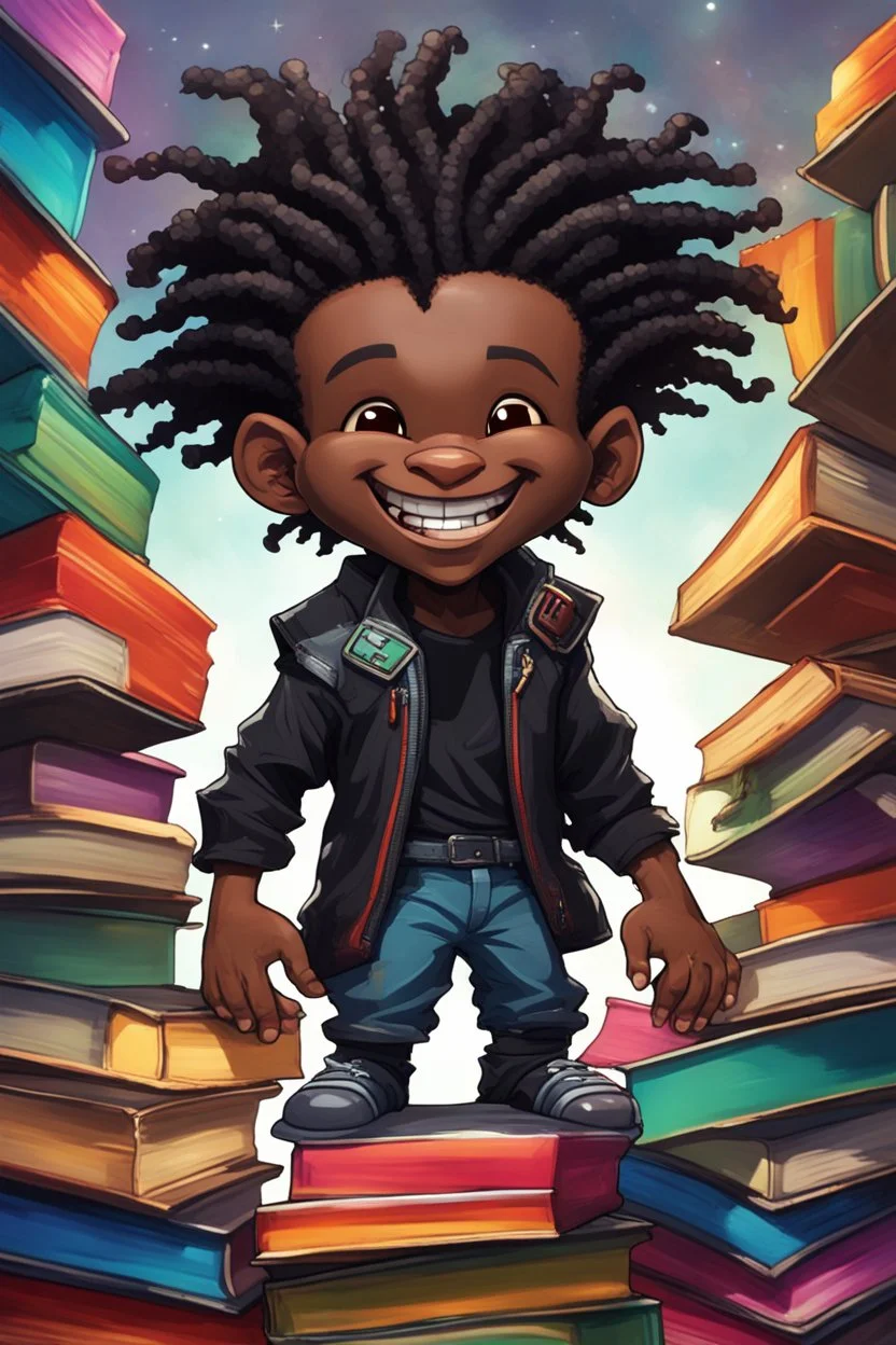 A sassy futurism ABSTRACT colorful art cartoon black chibi BOY troll LOOKING DOWN, surrounded by colorful BOOKS. Looking up coyly, he grins widely, showing his Teeth. Highly detailed black shiny dread locs , regal expression.