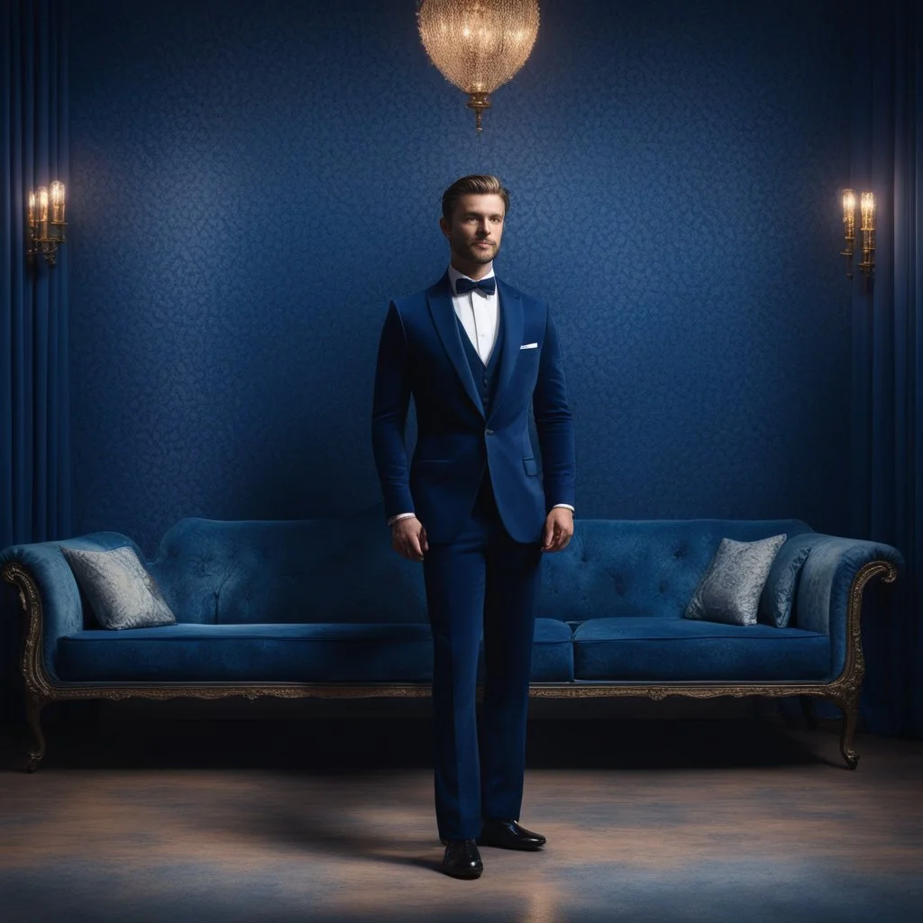 Hyper Realistic Handsome-Muscular-Man-with-little-smile Wearing Navy-Blue-Velvet-Tuxedo standing in a dark-room with blue-patterned-vintage-wall & glowing-blue-water on the floor with fancy-navy-blue-couch-&-fancy-lamps-on-wall