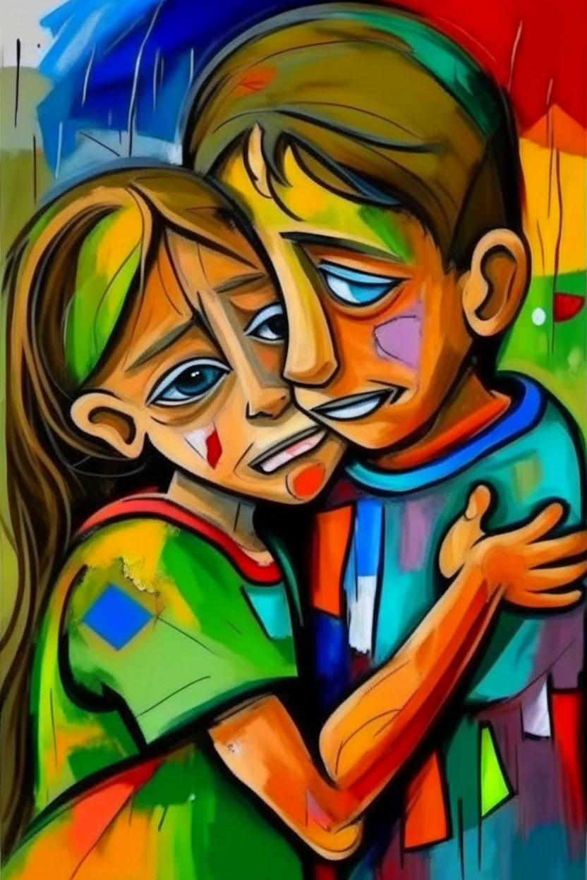 a girl hug her brother and both crying sadly, expressionism, Pixar style, in abstract art Basquiat, Picasso, Miro, Kandinsky, Klee, Birell, Fairey, Ardon, Buffet aand Picasso style, HD --s 750 --v 5.1 --style raw, water color