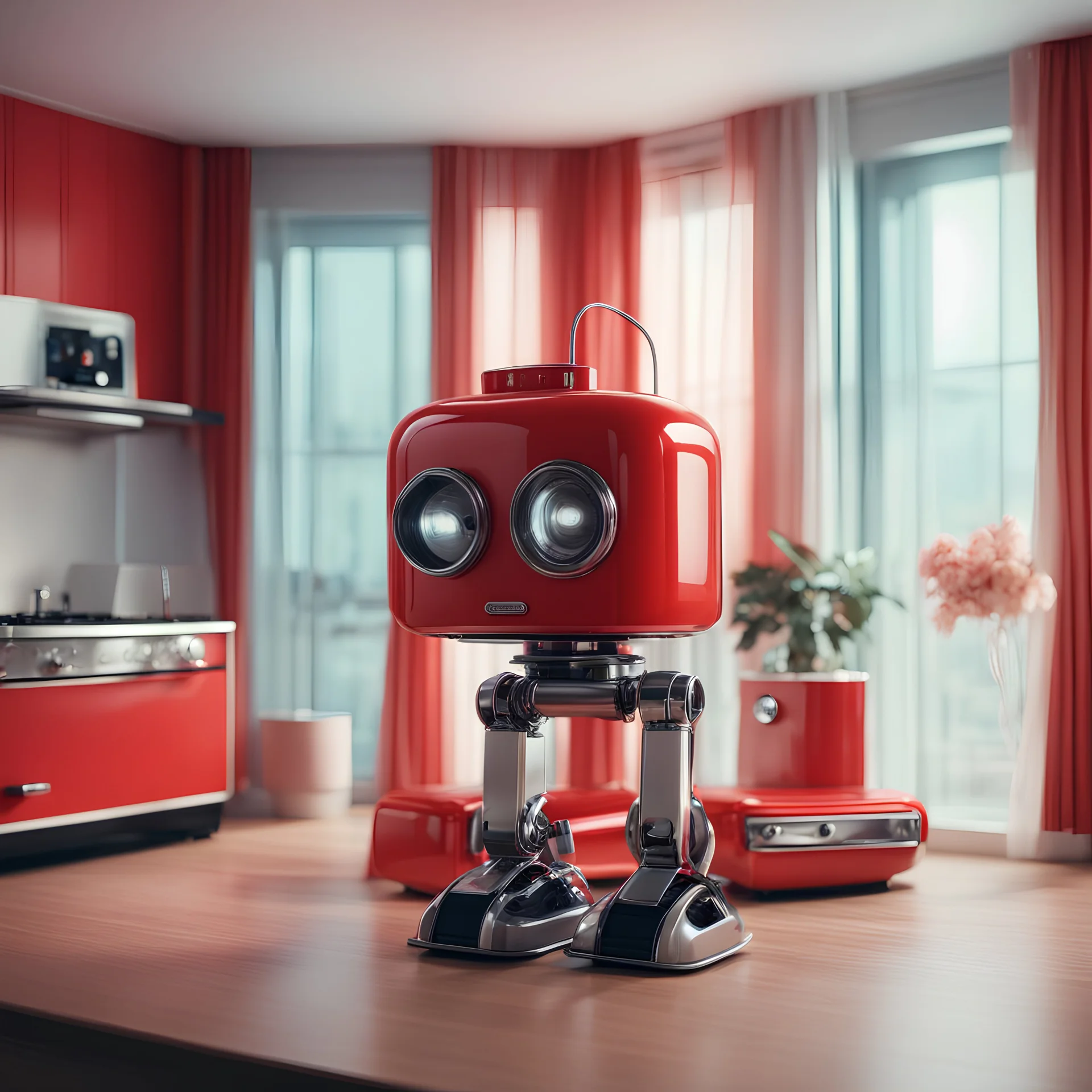 Creates ultra-realistic retro photography of a robot made with the aesthetics of a red SMEG toaster inside a room decorated in 1970's high resolution 8k cinematic lighting.