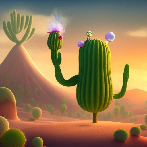 A giant, talking cactus wearing a top hat and monocle, standing in the middle of a desert oasis.