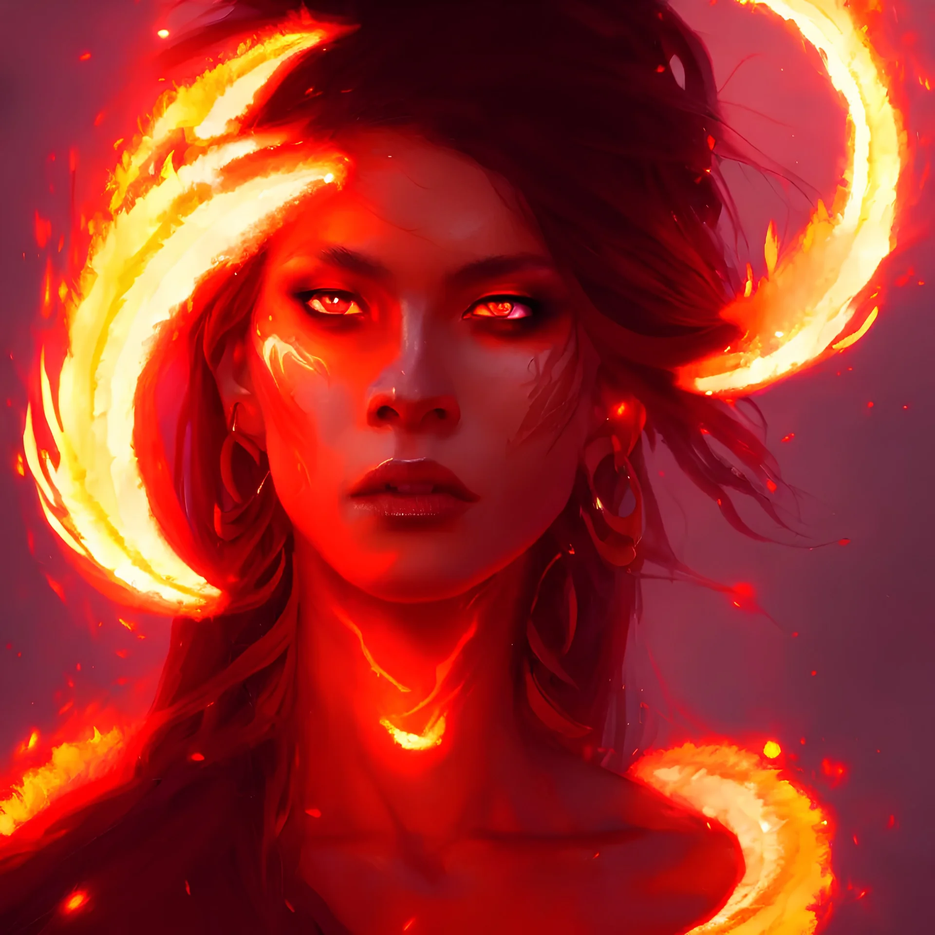 a beautiful portrait of a fire goddess with flaming eyes by Greg Rutkowski and Raymond Swanland, Trending on Artstation, Flaming Background, ultra realistic digital art