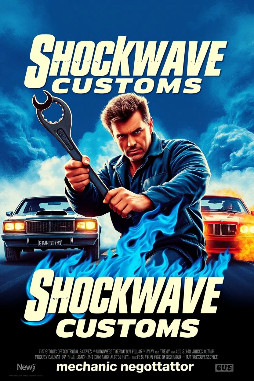 "Design a 80s-style romantic movie poster titled 'Shockwave Customs' with a blue theme and blue flames. Feature a super heroic mechanic in the foreground, fiercely battling thousands of adversaries with a spanner. In the background, show cars doing burnouts, creating a dynamic and intense scene. Capture the high-energy, gritty aesthetic of classic 90s action films. Prominently display the subtitle 'mmechanic negotiator' in bold, impactful lettering."