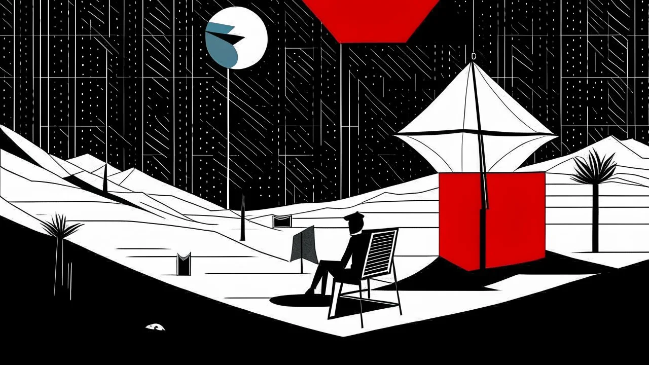 A geometric and abstract illustration by Malevich and Kuniyoshi of a black and white night desert landscape with a small and minimalist empty chair with a man resting, and a red pirate flag.