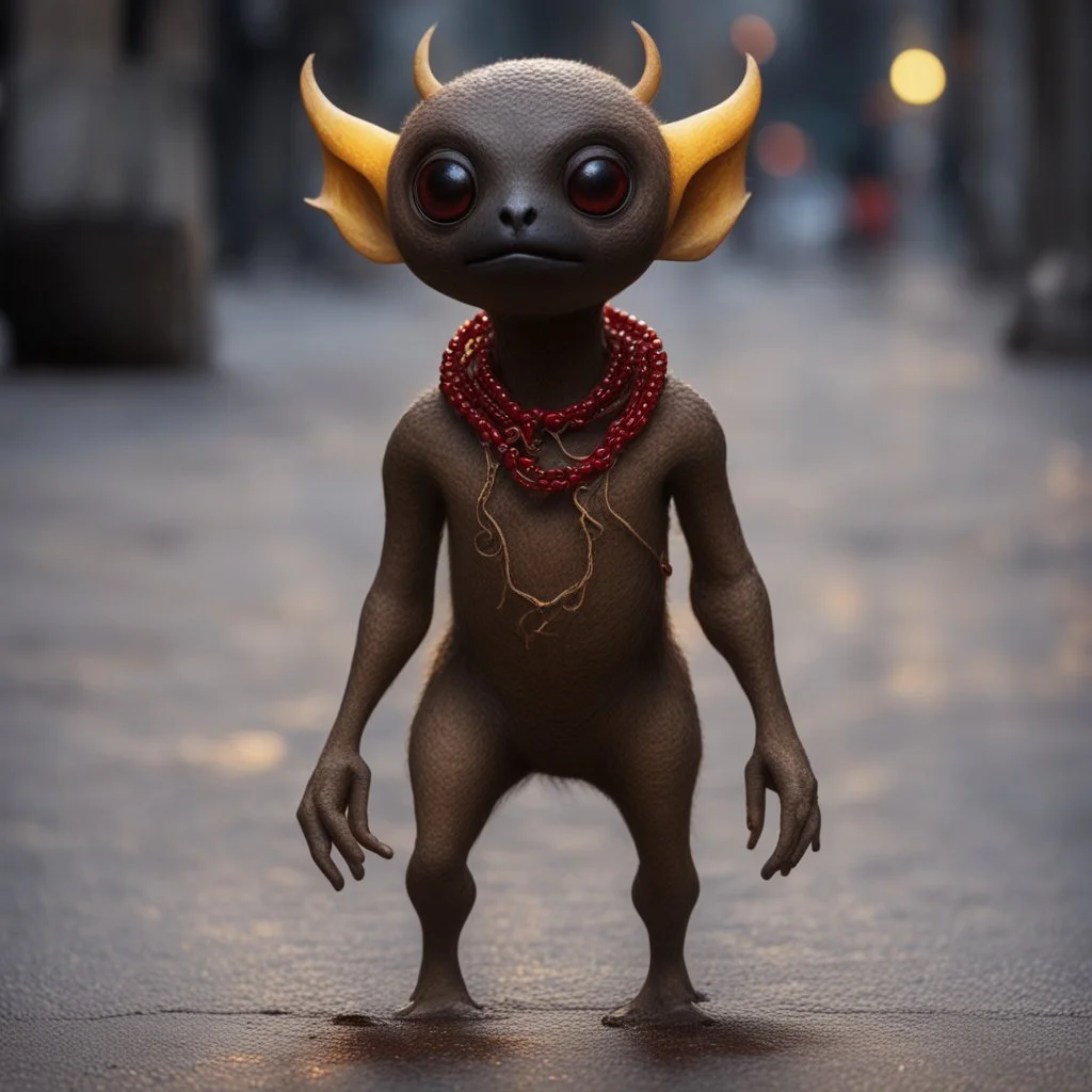 a detailed close-up captures a brown creature with a black face, large brown eyes, and a red necklace around its neck. its hands are positioned on its hips, and its feet are firmly planted on a gray pavement. the creature is bathed in a warm, yellow light, casting a soft glow on its face and surrounding environment. in the background, a string of yellow lights adds a festive touch to the scene.,bokeh like f/0.8, tilt-shift lens 8k, high detail, smooth render, down-light, unreal engine