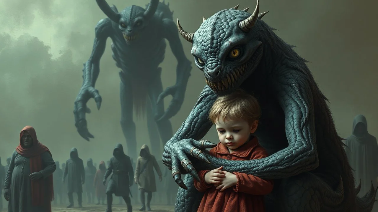 gentle, protective monster protects and hugs the alone sad child against bad tall dangeouros evil people, random background , highly detailed, weird , surreal mood