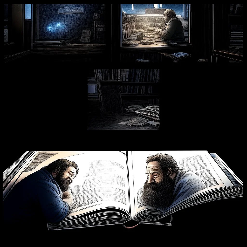 ((Masterpiece:1.2) of (award-winning:1.1) caliber, professionally executed with the utmost (precision and ultra-detail:1.3), imagine a photograh of a page of a photobook, inside are pictures that feature a fat, bearded man (watching tv:1.8),,comic book panels, multiple angles, a mixture of lighting and color palettes.