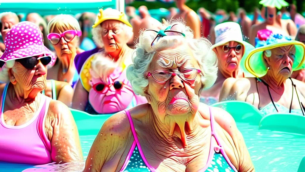 older lady pouting at a crowded water park