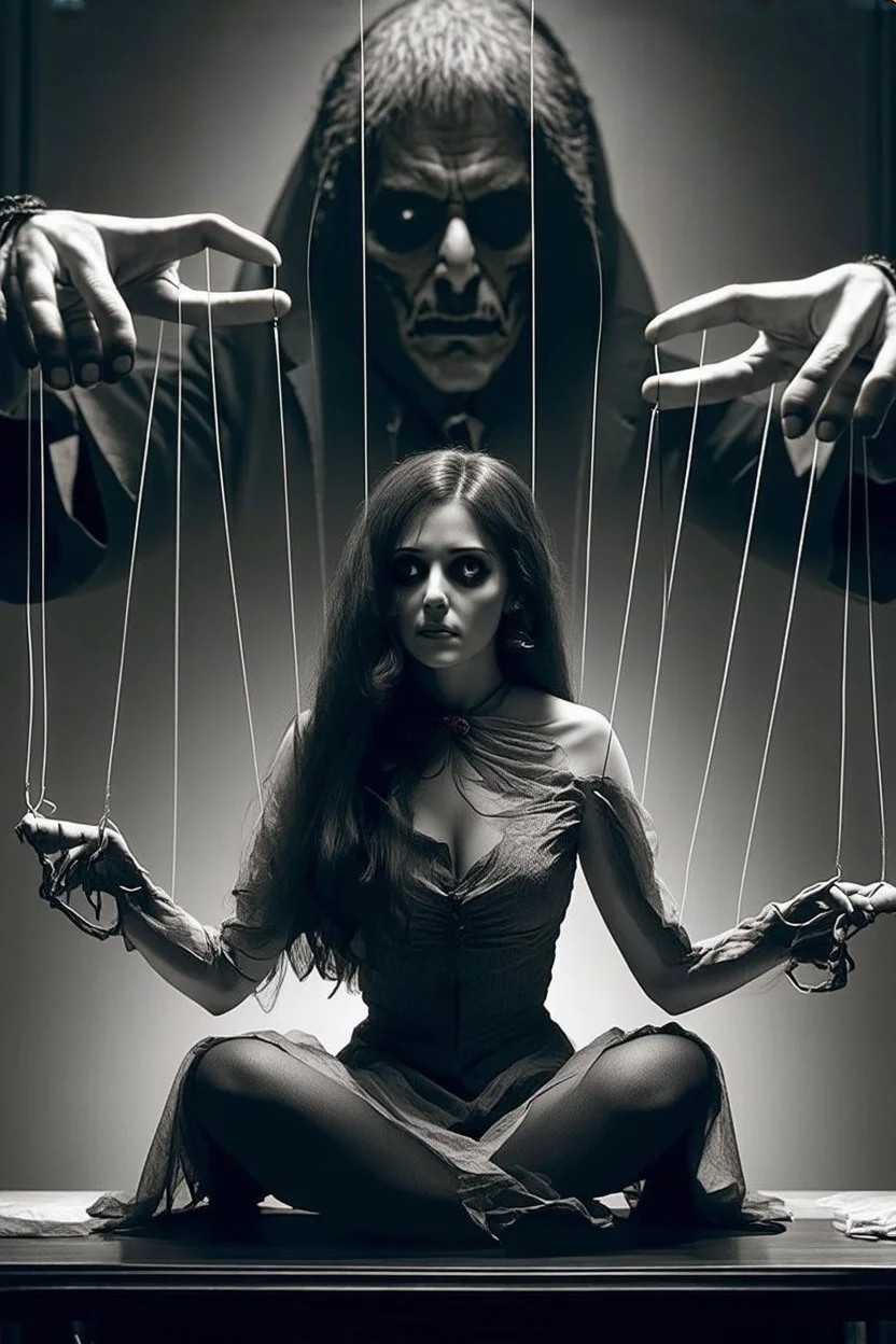 A dramatic digital mage of a woman seated on a table,facing to the front ,she is connected to string like a puppet, arms in air, moved by the strings, puppet like features in the face, beautiful face, behind her also facing the front is the puppet master,is a huge image of a man holding the strings, creepy gothic character,.zoomed in, dark and shadowy background with selective lighting on the woman, gothic and chaotic