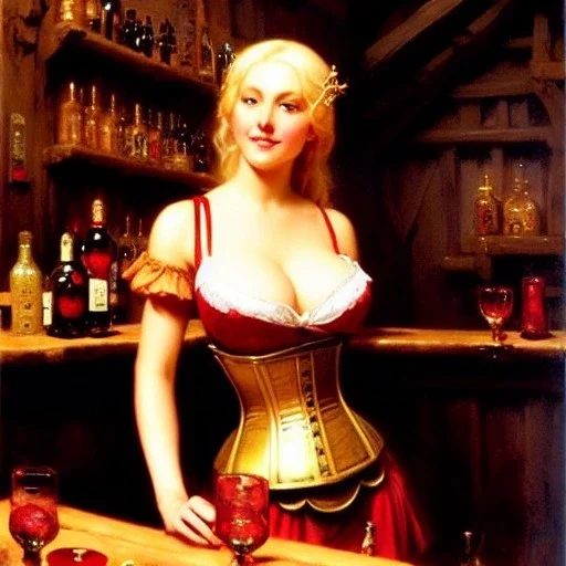 fullbody portrait 'beautiful face blonde massiveboobs medieval wench on tavern in medieval city',corset,painting by gaston bussiere, greg rutkowski, yoji shinkawa, yoshitaka amano, tsutomu nihei, donato giancola, tim hildebrandt, oil on canvas, cinematic composition,sharp image, extreme detail,((fit full head inside picture)),32k