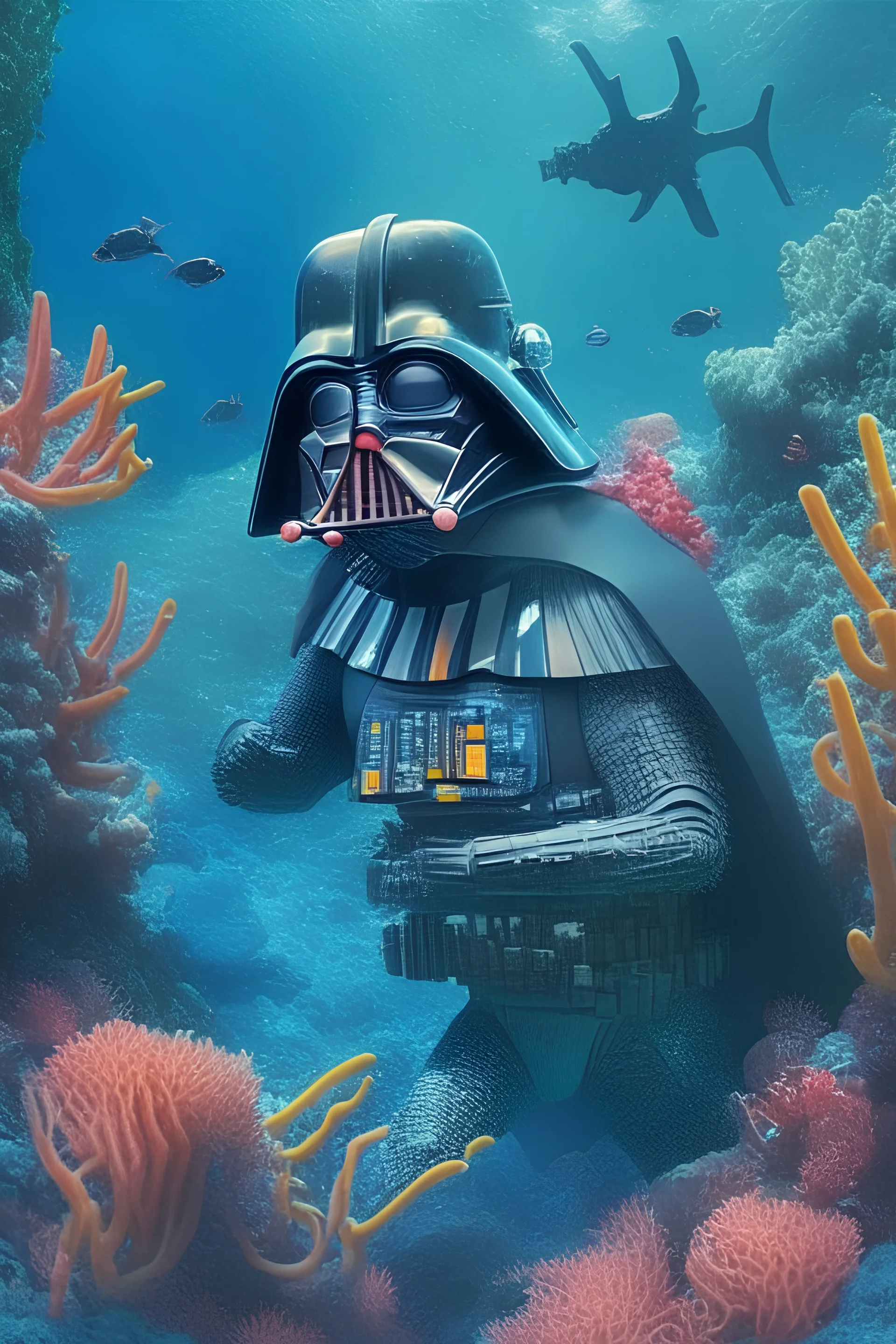 Darth Vader scuba diving in a coral reef