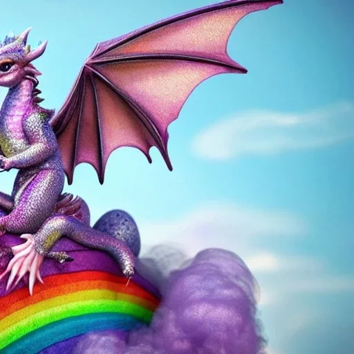 cute, adorable baby dragon made of crystals and gems with glittery scales and iridescent wings sitting on a cloud of cotton candy, muted rainbow colors, intricate, fine detail, 8k, sharp, crisp, high-quality, 3d octane render, brian froud, howard lyon, selina french, anna dittmann, lisa parker, greg rutowski, alphonse mucha