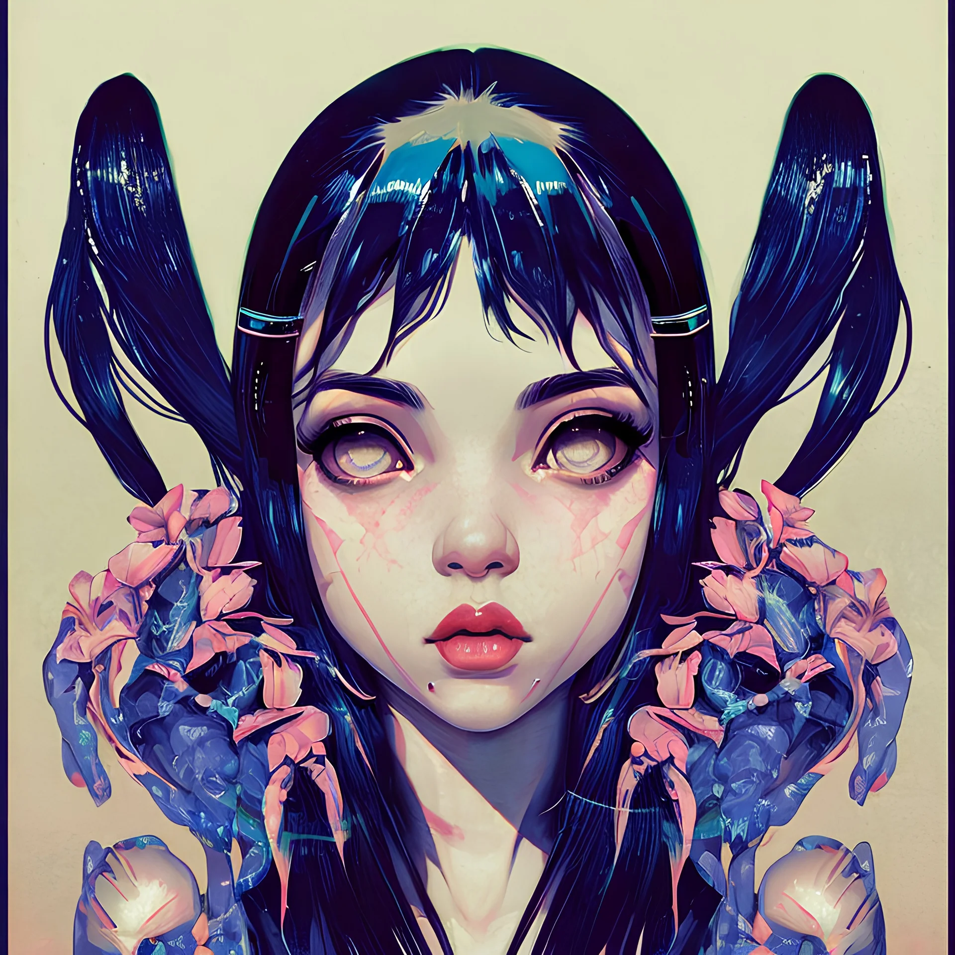 A beautiful portrait painting of a Singer Melanie Martinez face by Katsushika Hokusai, beautiful cyberpunk huge girl, symmetry, hyperdetailed, illustration darkblue tones,