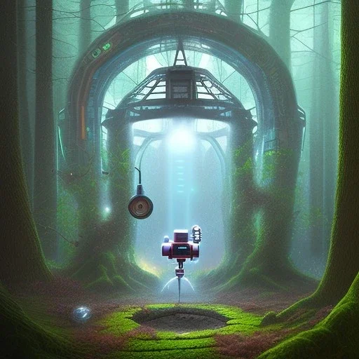 spray painting fantasy art, robot falling through glass standing in portal to wet forest world from city world,poetry book illustration