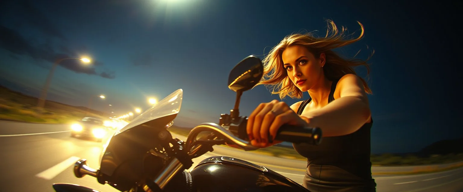 spy movie, fish eye lense, pin hole cam, master oil painting by Rembrandt, good afternoon bitch scary hot seductive spray painted female outline, riding sports bike with motion blur and smeared lights in the night, stylistic poster, in the style of total recall, huge bugrat in the background with wind blowing in the hair, high speed, intense eyes