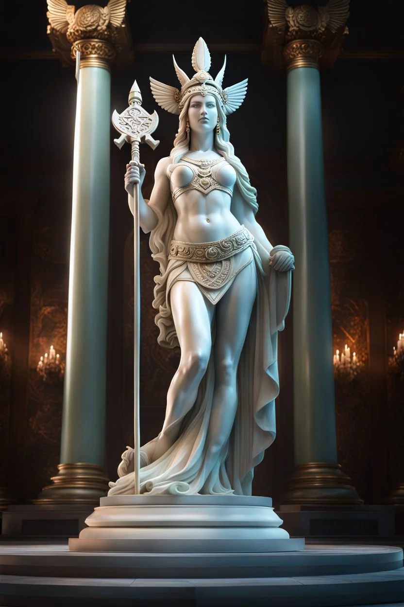 highly detailed marble and jade statue on a plint of a 18 year old goddess of love carrying a spear and shield. long braided hair, full body shot, invisible gloves, , volumetric fog, Hyperrealism, breathtaking, ultra realistic, unreal engine, ultra detailed, cyber background, Hyperrealism, cinematic lighting, highly detailed, breathtaking, stunning temple environment