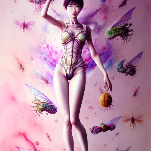  Asian woman, leaning pose, pink short hair, latex suit, Gradient background, style <Yoji Shinkawa>, Bones, watercolor illustration by <agnes cecile> butterflies everywhere, skulls, centipede, insects, nest, octopus, fly, squid, Dryad, plants, wildflower, intricate detail , rusty metal, ominous, portrait, high lighting,