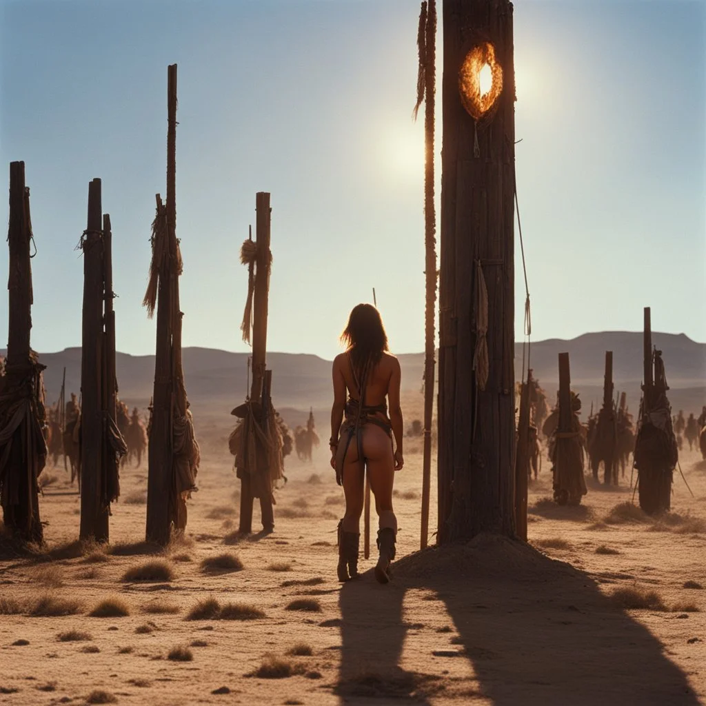 expensive scene from a western movie "Soldier Blue", Cheyenne naked_woman, tied-up tied to a totem pole, scorching sun, high noon, American blue-shirt cavalry soldiers in background, Colorado Eastern Plains, cinematic lighting, FOV, 16k.