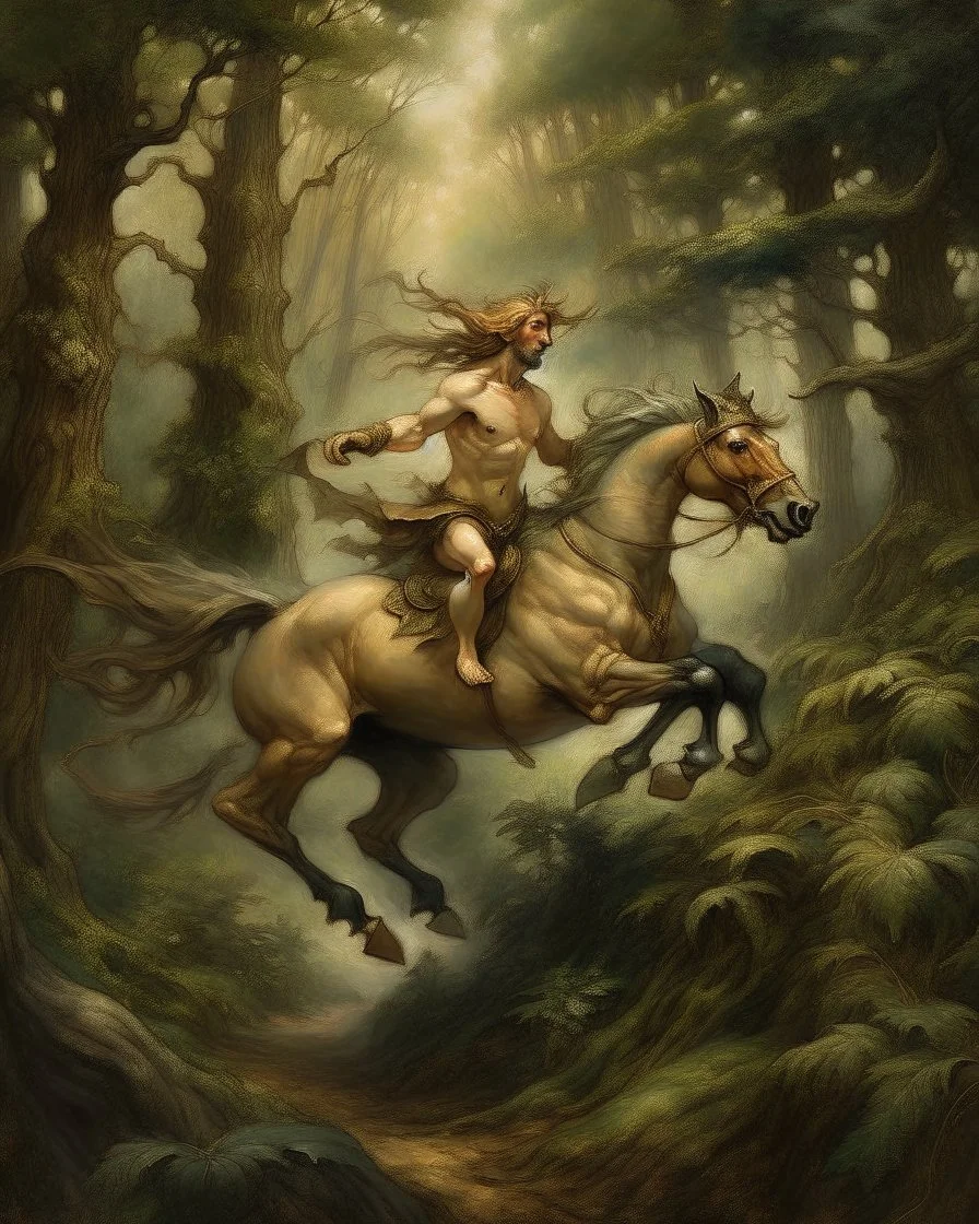 A centaur majestically galloping through the dense forest in the style of gustav dore, fantastical landscape, soft strokes , mythology portrait, classic painting