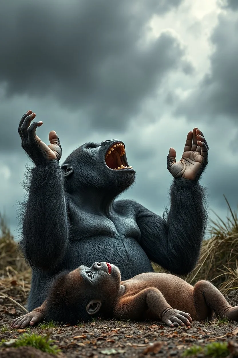 A gorilla anger , looking up to the sky , raising both hands up like prayer. His son is laying dead on the ground, A cloudy stormy . 4k, dramatic scene,