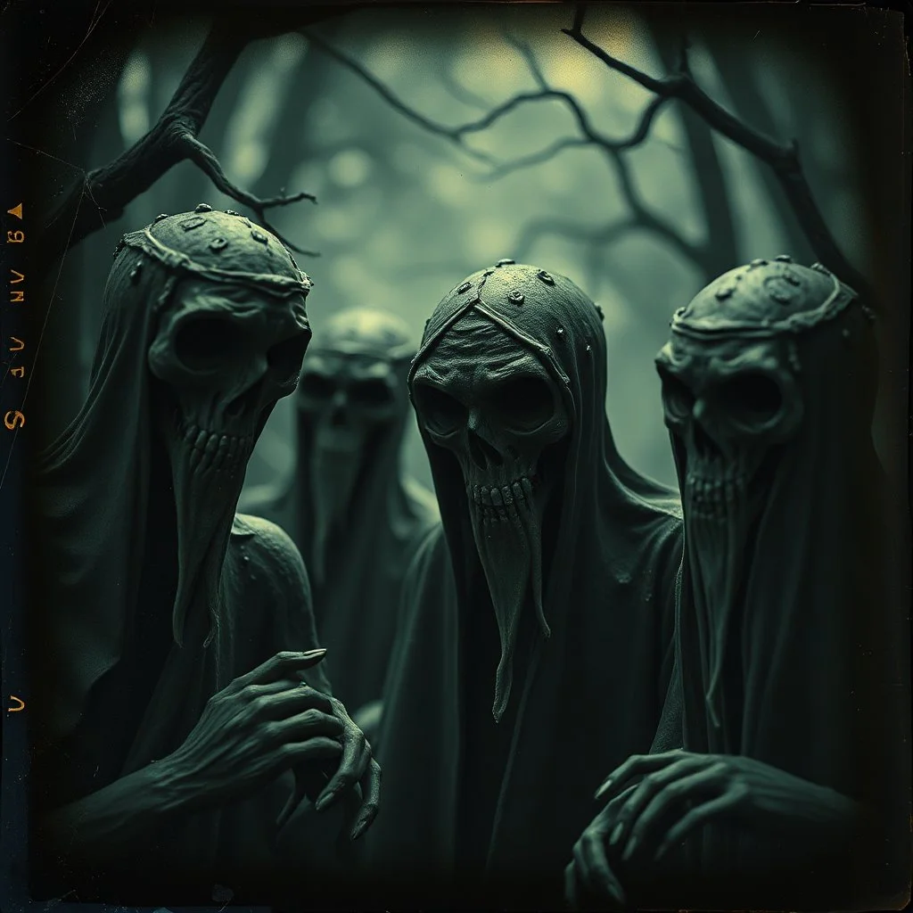 Daguerrotype close up of some mysterious figures, odd background, cinematic, Hieronymus Bosch, Max Ernst vegetal life, rotten, ambient light, ghost, cry